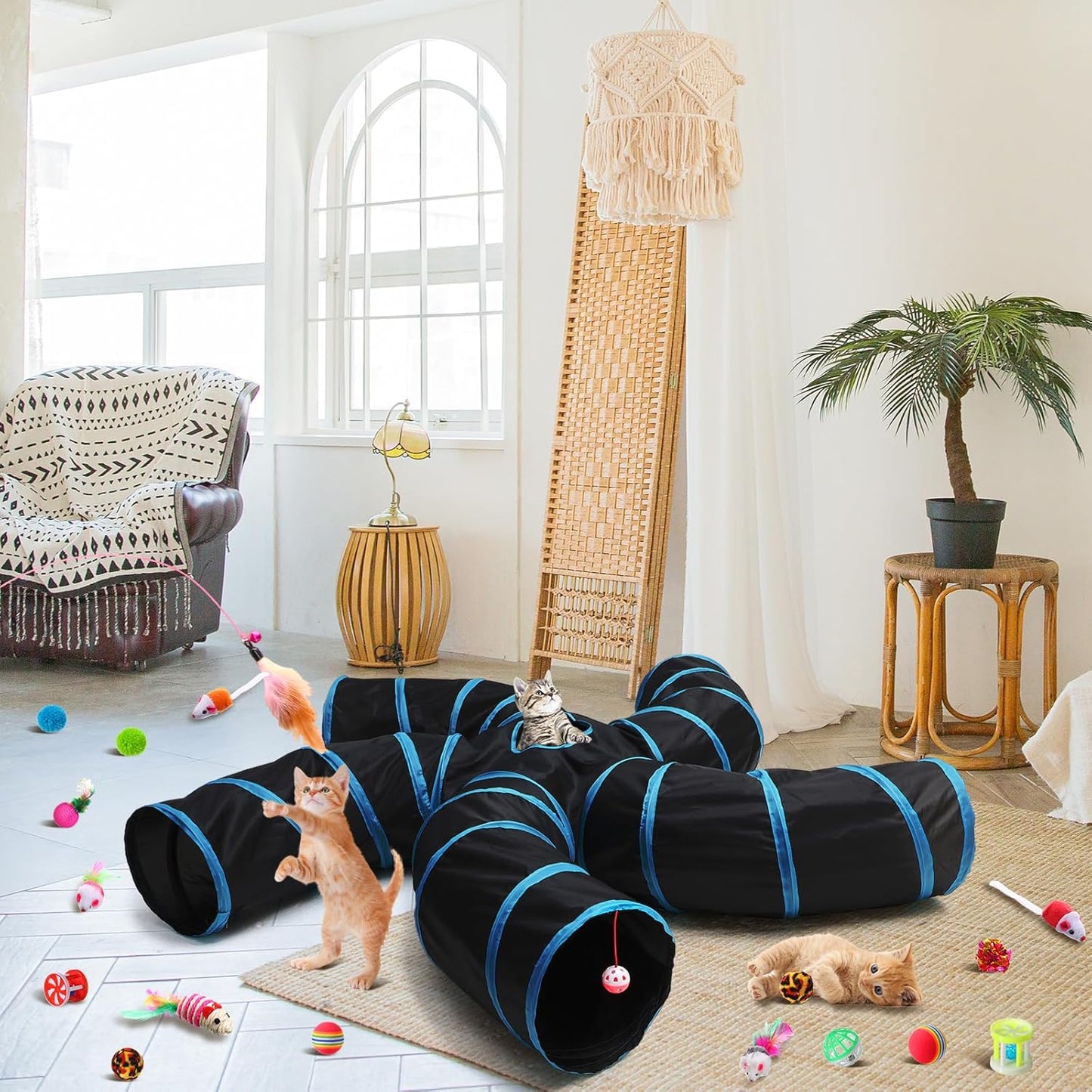21 Pcs Cat Tunnel for Indoor Set Collapsible 5 Way Tubes with 20 Pcs Cat Kitten Toys Interactive Feather Toy Mouse Crinkle Balls Tube for Puppy Kitten Rabbit(Blue Black)