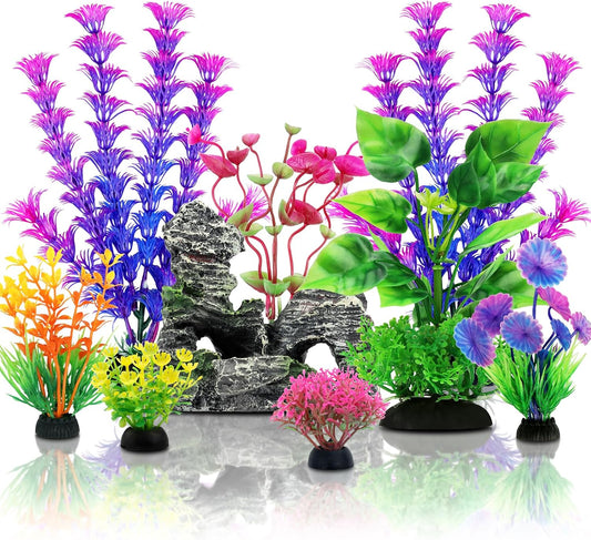 Fish Tank Decor Aquarium Decor, 9Pcs Colorful Fish Tank Accessories Artificial Plants and Cave Rock Decor Set, Aquarium Decorations Plastic Plants
