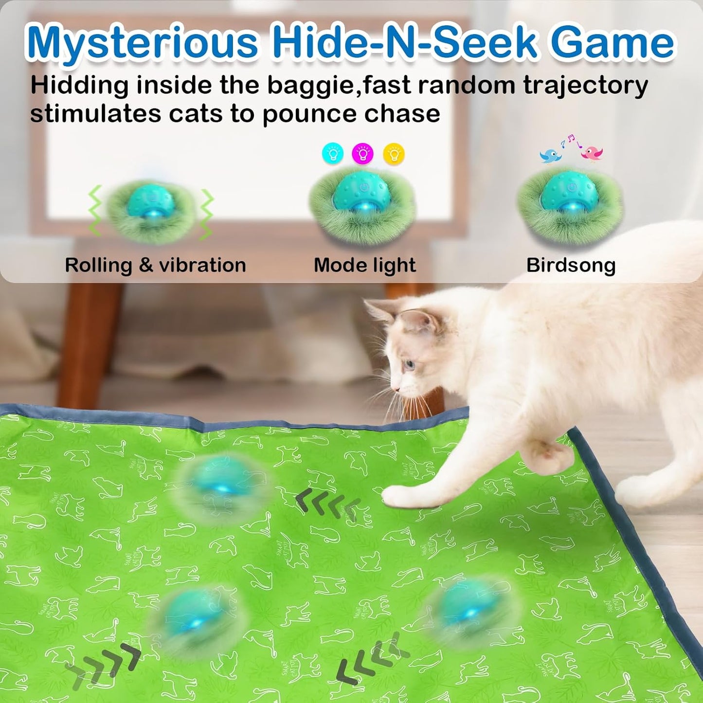 Interactive Cat Toys for Indoor Cats,Automatic Moving Cat Ball in Pouch,Chirping Stimulation,Hide-N-Seek Chase Exercise Game,Motion Activate,Rechargeable Kitten Toys