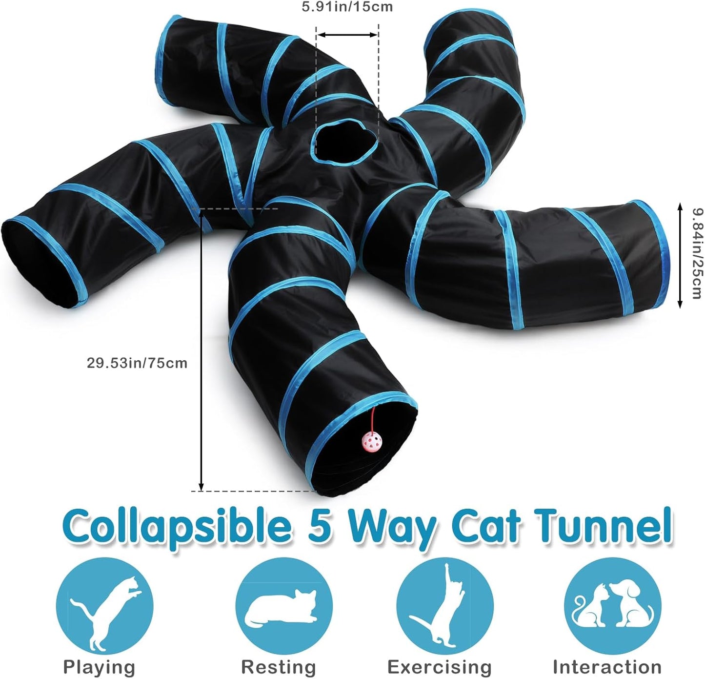 21 Pcs Cat Tunnel for Indoor Set Collapsible 5 Way Tubes with 20 Pcs Cat Kitten Toys Interactive Feather Toy Mouse Crinkle Balls Tube for Puppy Kitten Rabbit(Blue Black)