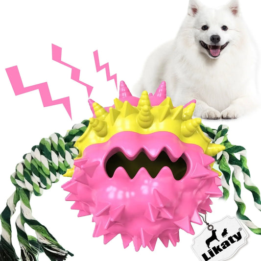 Dog Chew Toys Ball for Aggressive Chewers,  Indestructible Squeaker Dog Toy Puppy Chew Teething Toys for Large Medium Small Dogs,Pink
