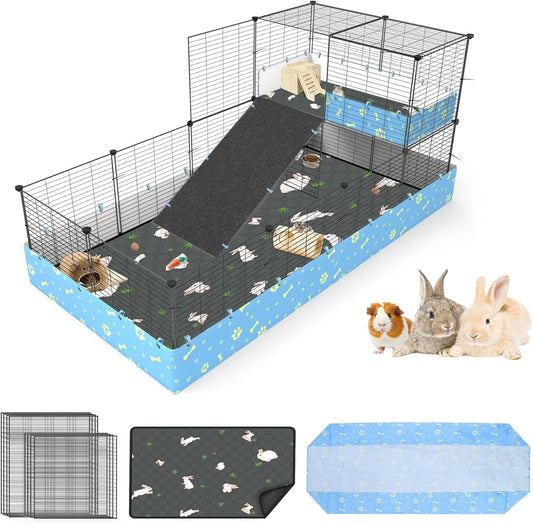Guinea Pig Cages with Tarp and Bedding Pee Pad Liner, 2-Story Large Guinea Pig Playpen C&C Loft Cage for 2 Rabbit Bunny Chinchilla Small Animal Habitat for Indoor