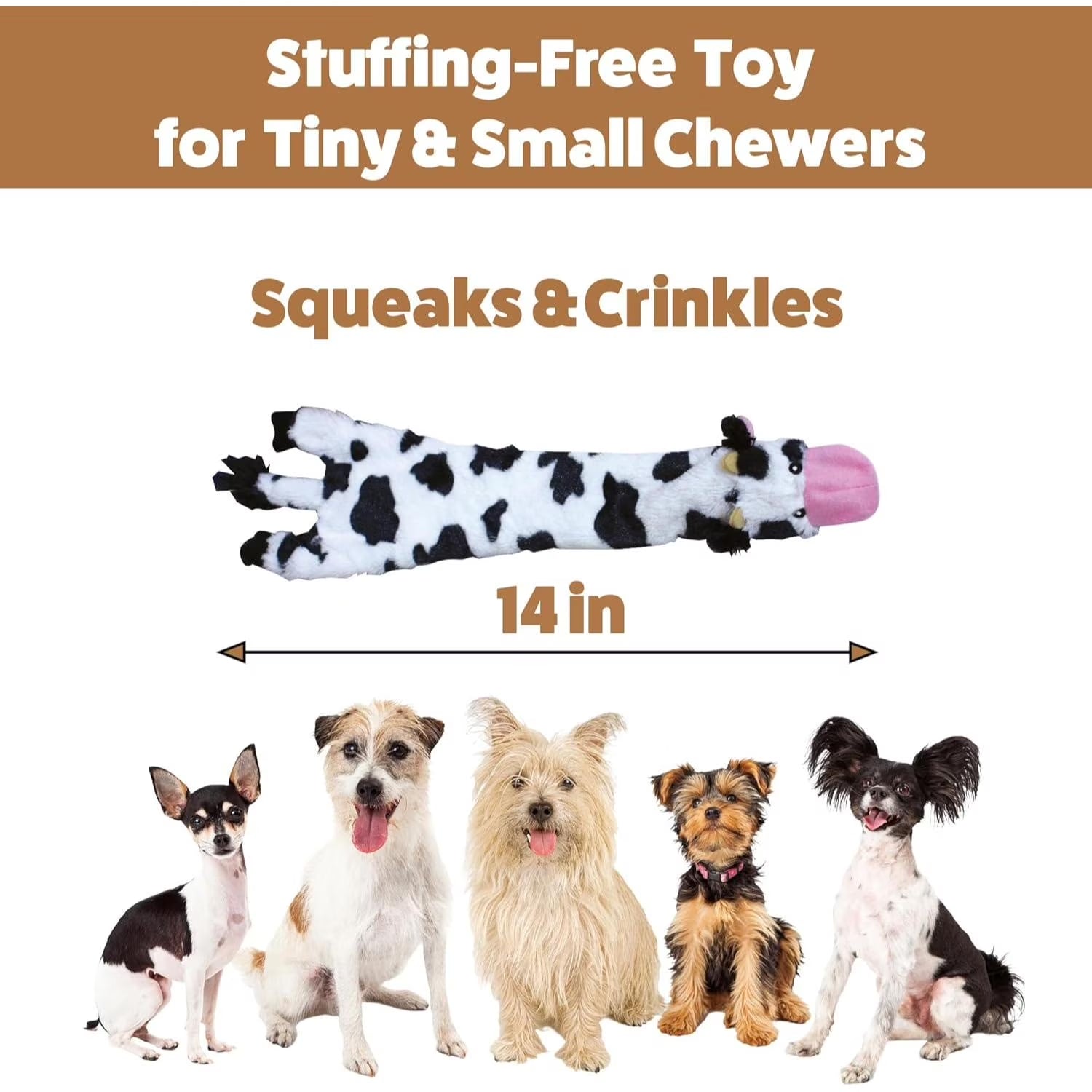 Skinneeez Crinkle Dog Toy, Stuffing-Free Cow Toy with Squeaker for Small Dogs and Puppies,For Moderate Chewers 14 Inch