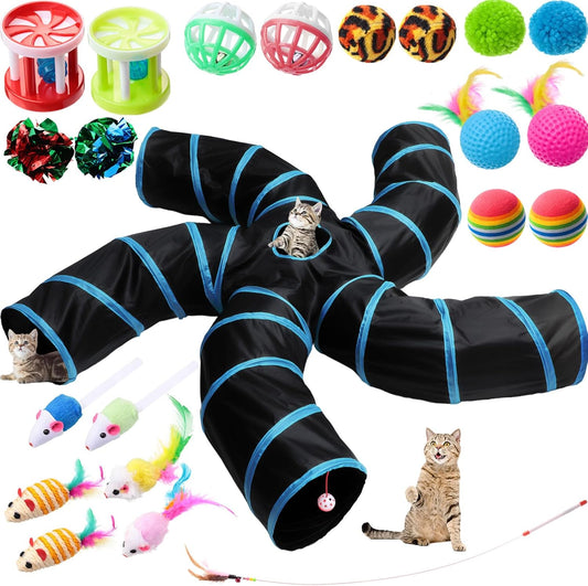 21 Pcs Cat Tunnel for Indoor Set Collapsible 5 Way Tubes with 20 Pcs Cat Kitten Toys Interactive Feather Toy Mouse Crinkle Balls Tube for Puppy Kitten Rabbit(Blue Black)