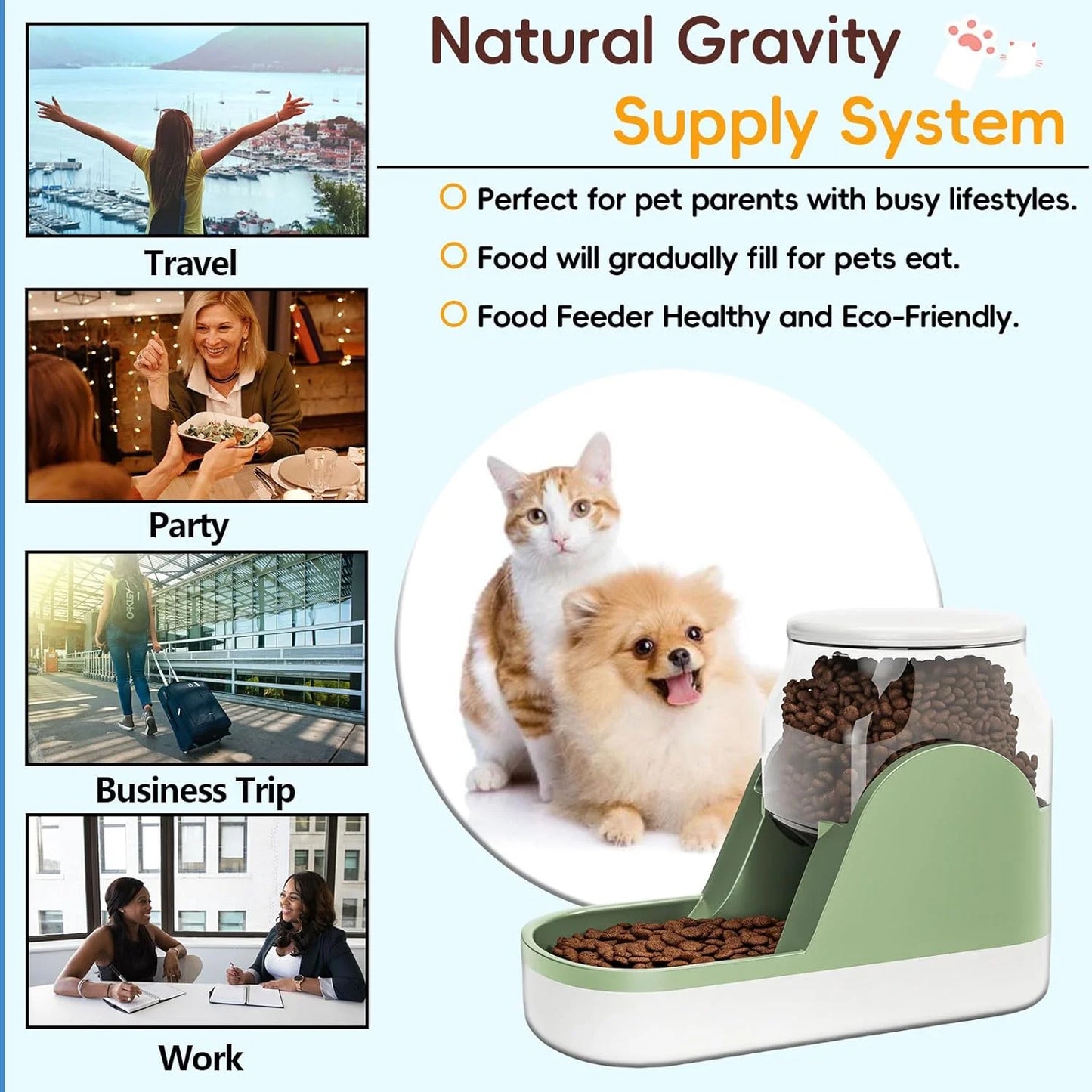 Automatic Dog Food Feeder Gravity Cat Food Dispenser Large Capacity Pet Self Feeding Station Bowl Dish for Small and Medium Dogs Cats，1 Gallon，Green