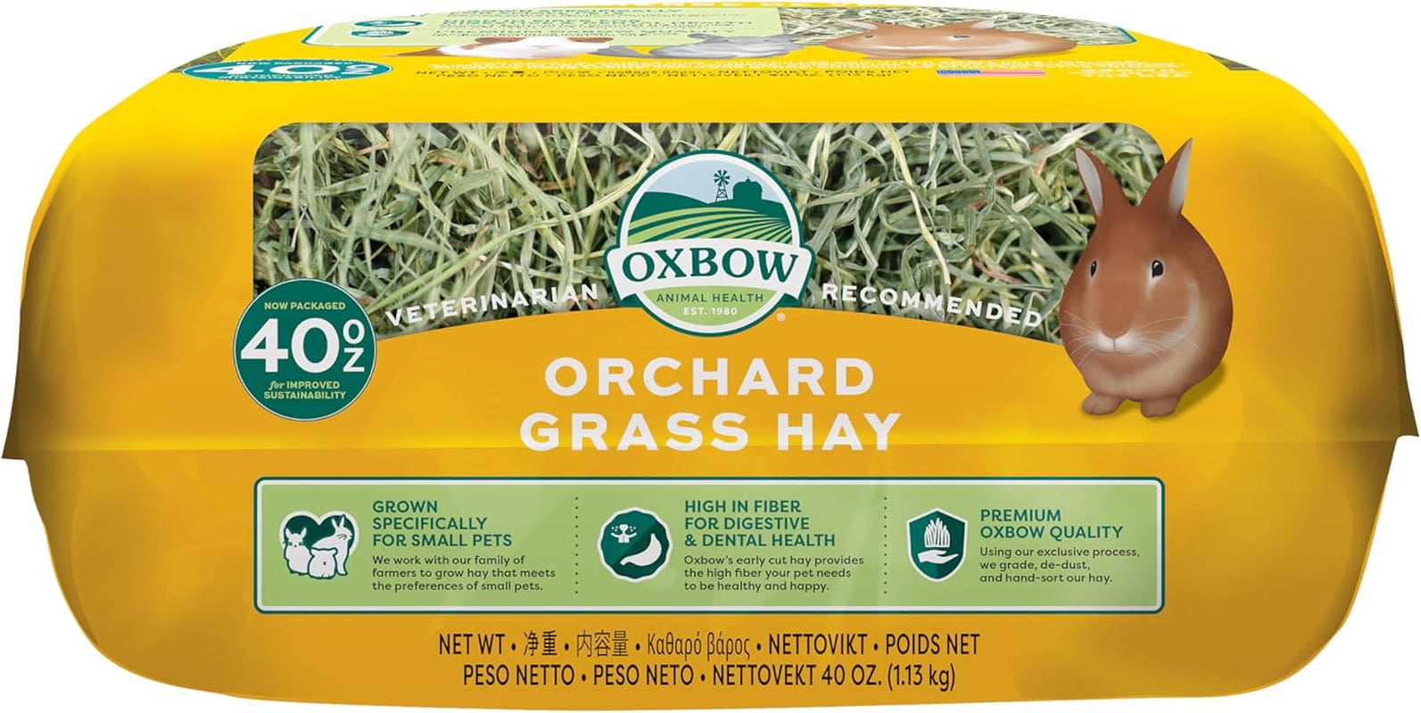 Orchard Hay, Rabbit & Guinea Pig Hay, Hand-Sorted, De-Dusted, 40 Oz | Hand-Sorted, De-Dusted,  Orchard Grass Hay, Bunny Hay for Rabbits, Guinea Pigs, Bunnies and Chinchillas, Made in USA