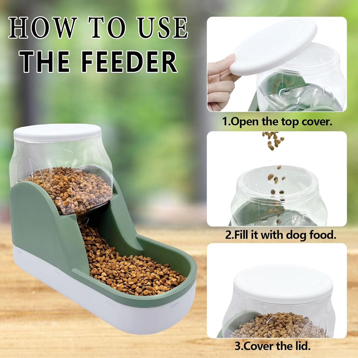 Automatic Dog Food Feeder Gravity Cat Food Dispenser Large Capacity Pet Self Feeding Station Bowl Dish for Small and Medium Dogs Cats，1 Gallon，Green