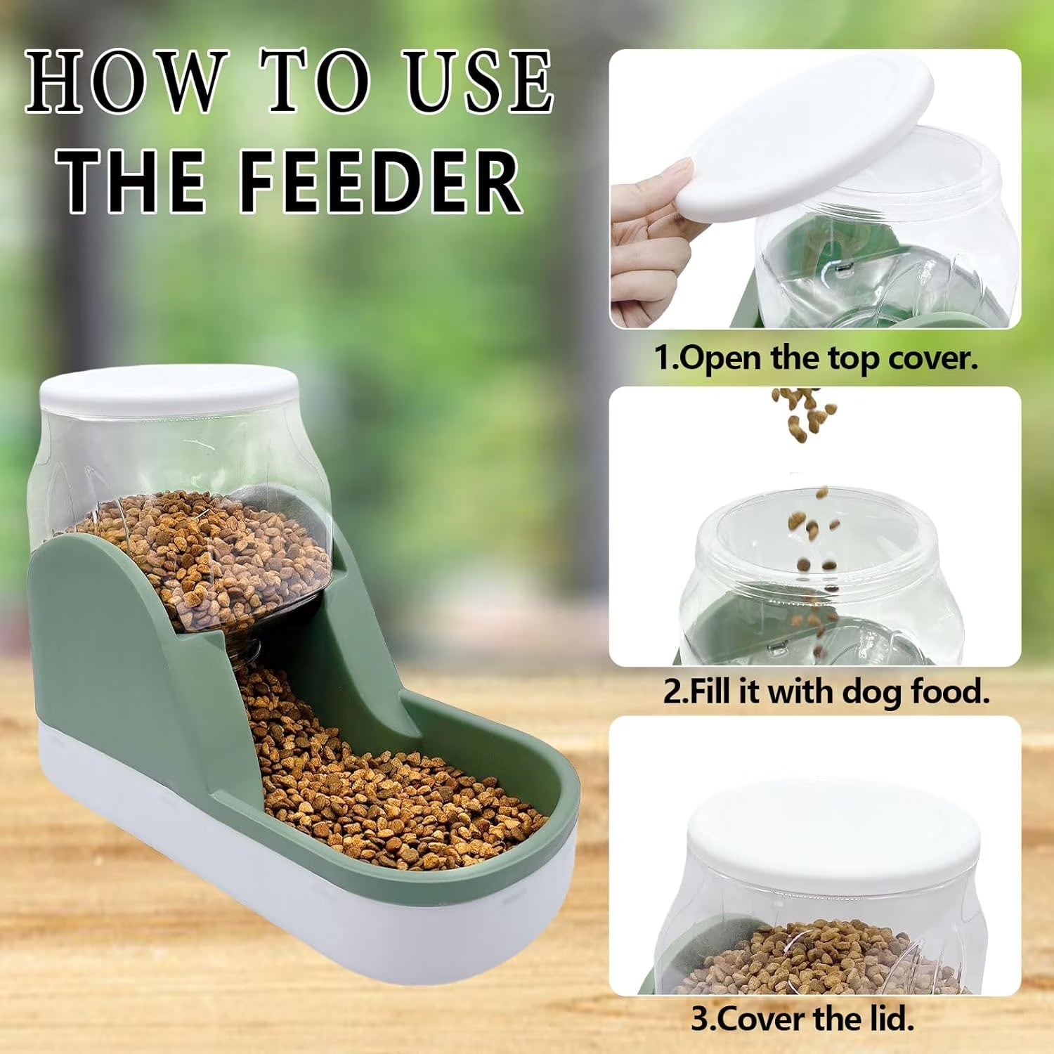 Automatic Dog Food Feeder Gravity Cat Food Dispenser Large Capacity Pet Self Feeding Station Bowl Dish for Small and Medium Dogs Cats，1 Gallon，Green