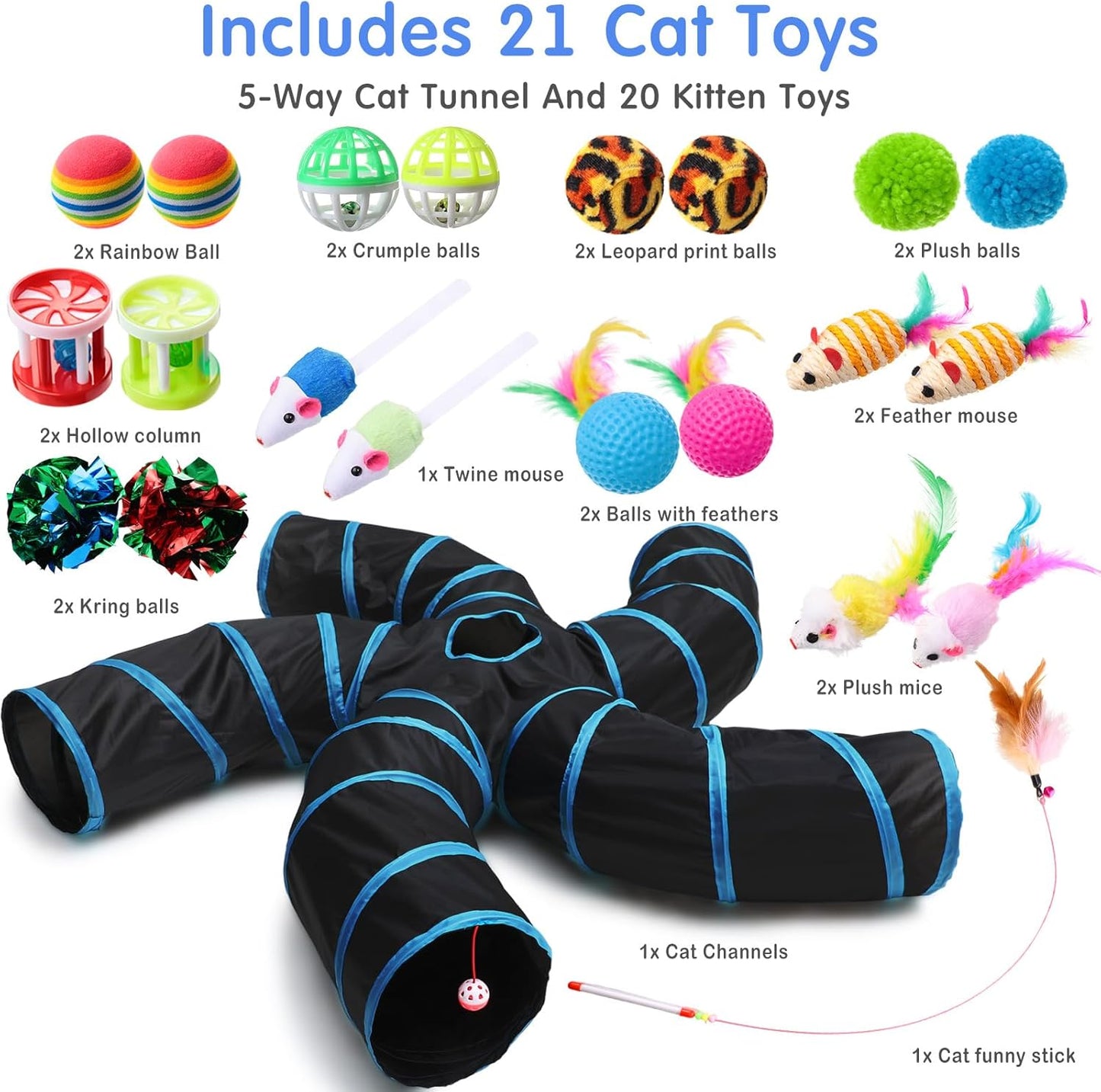 21 Pcs Cat Tunnel for Indoor Set Collapsible 5 Way Tubes with 20 Pcs Cat Kitten Toys Interactive Feather Toy Mouse Crinkle Balls Tube for Puppy Kitten Rabbit(Blue Black)
