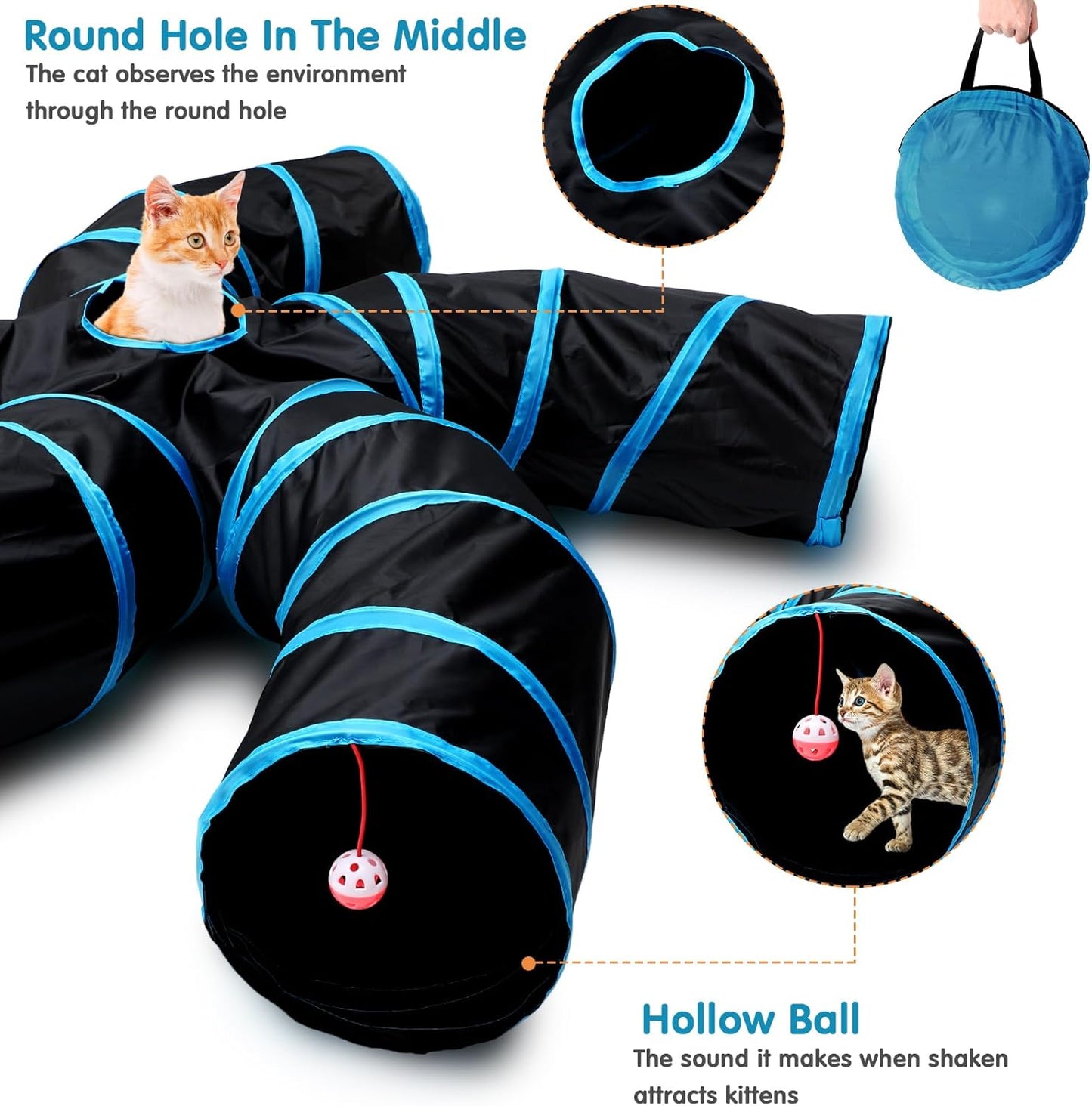 21 Pcs Cat Tunnel for Indoor Set Collapsible 5 Way Tubes with 20 Pcs Cat Kitten Toys Interactive Feather Toy Mouse Crinkle Balls Tube for Puppy Kitten Rabbit(Blue Black)