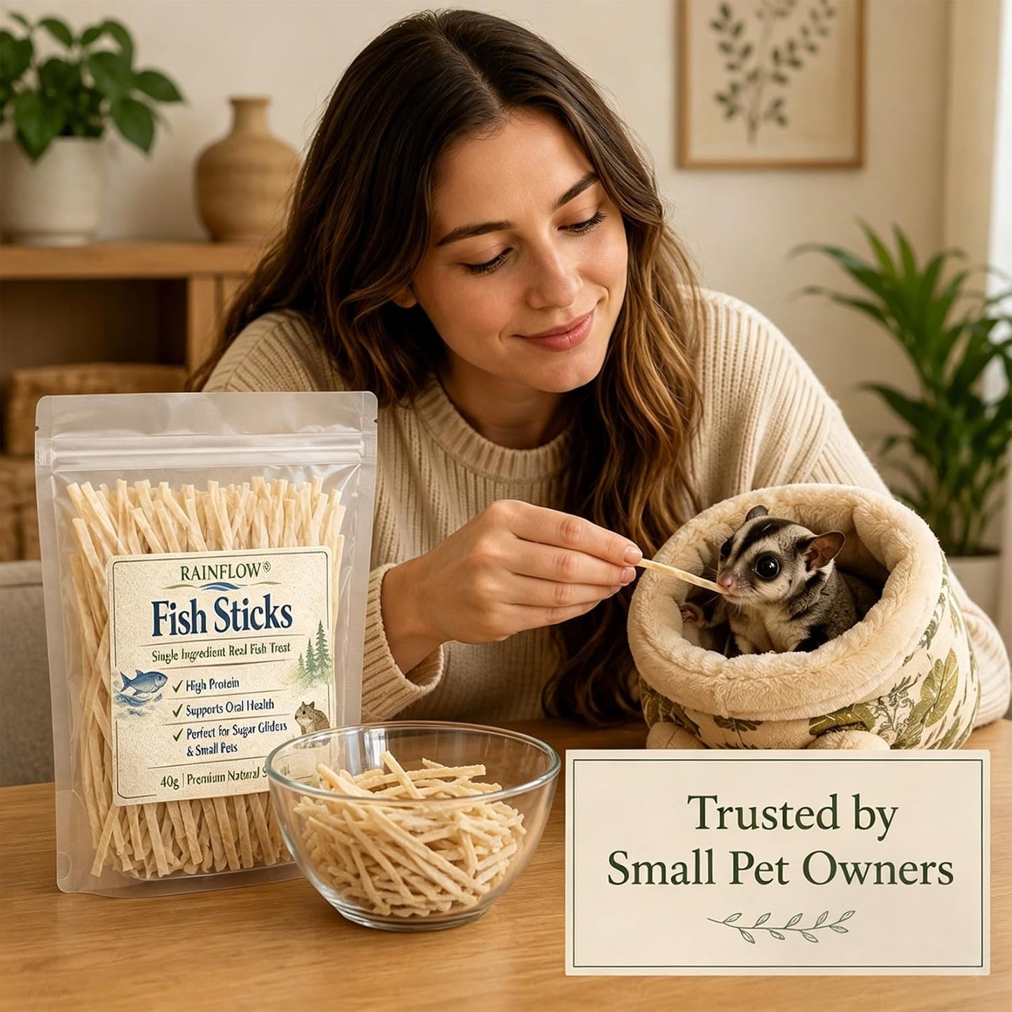 Natural Real Fish Sticks - Healthy Small Pet Snack, 40G | Real Fish Small Pet Treats for Hedgehogs, Squirrels, Hamsters & Sugar Gliders, High Protein Oral Care Treat for Daily Feeding