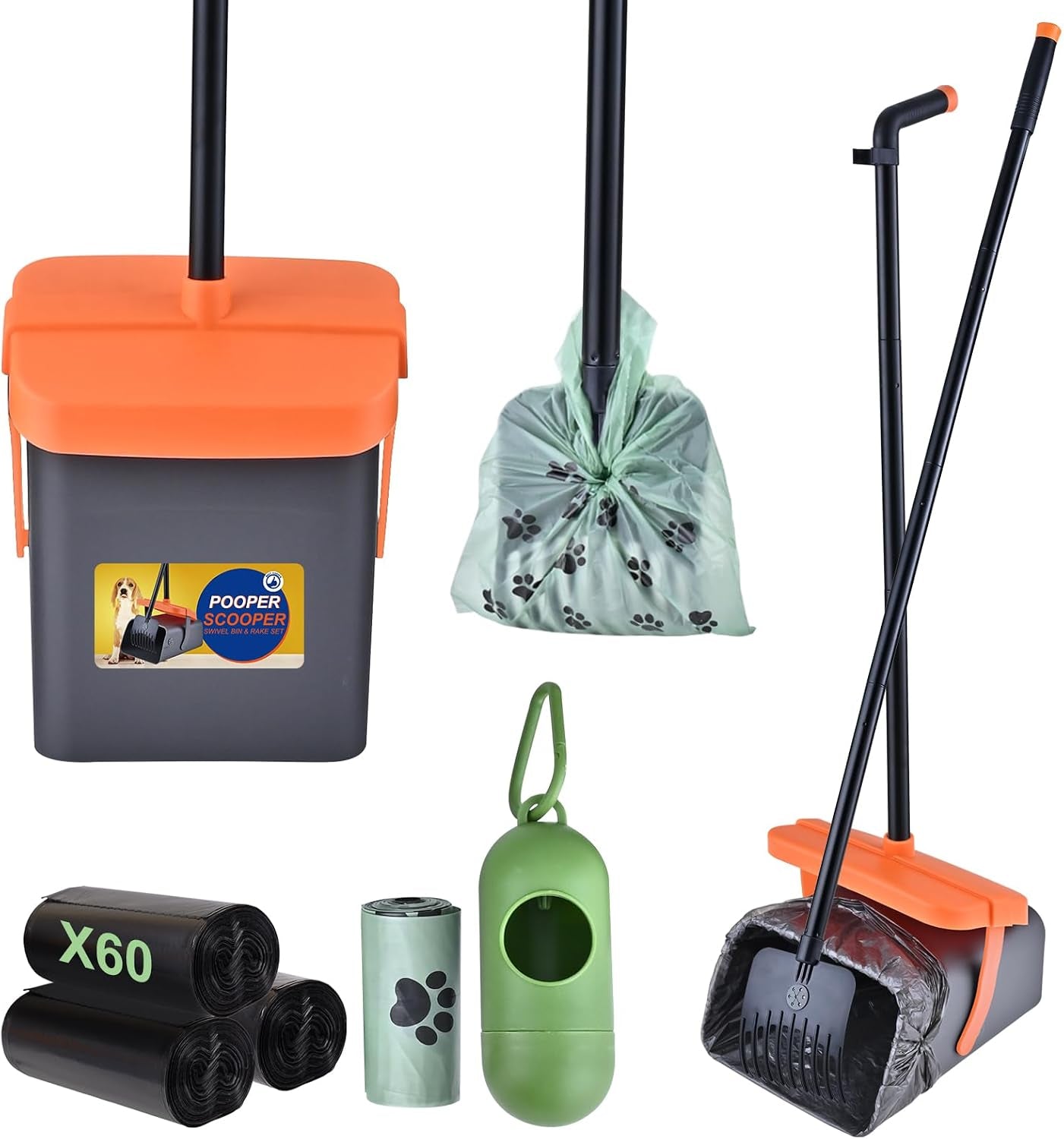 Dog Pooper Scooper for Large Dogs, 46" Long Handle Adjustable Pooper Scooper for Large Dogs，Dog Pooper Scooper with 75 Waste Bags，Large Capacity Swivel Bin & Rake