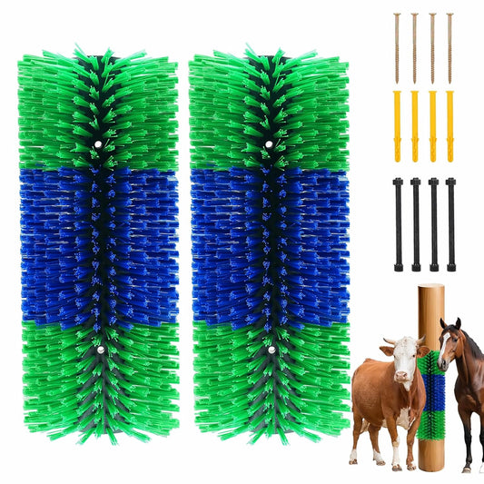 Livestock Scratching Brush 2-Pack, Heavy-Duty Farm Animal Self-Grooming Back Scratcher for Fence or Post Mount, Ideal for Horses, Cattle, Goats, Pigs, Durable Itch Relief Tool - 17.5×7.5 In