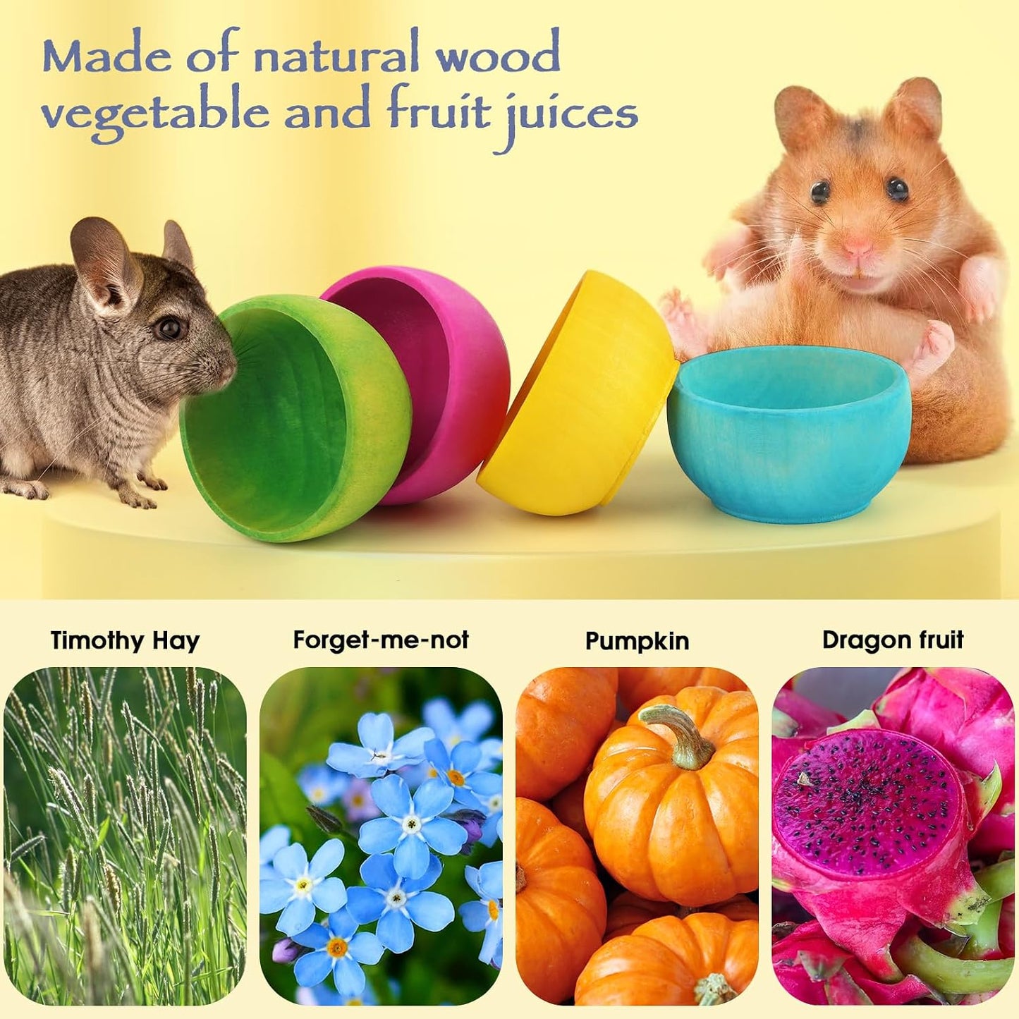 Hamster Chew Bowl,4 Pcs Dwarf Hamster Food Bowl Wood Edible Chew Toys for Rabbit Guinea Pig Chinchilla Degu Gerbil Squirrel Bunny Enrichment Toys Small Size Treats for Teeth