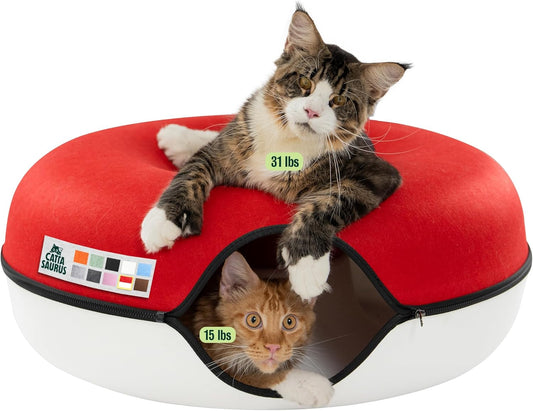Peekaboo Cat Cave, Extra Spacious for Multiple & Large Cats 12+ Lbs, Scratch Detachable Cat Beds for Indoor Cats, Washable Tunnel Bed, Comfy Donut Tunnel (Ruby Snowball, Jumbo)