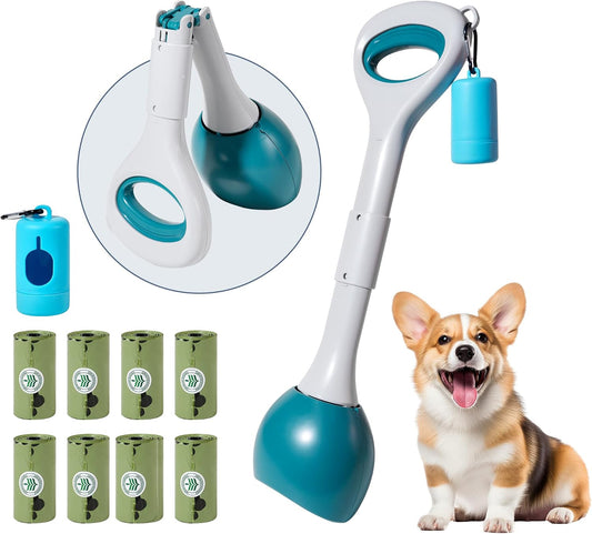 Dog Pooper Scooper Portable with Bag Attachment, One Handed Foldable Design, Includes 120 Waste Bags and Dispenser, 19 Inch Handle for Grass Yard Gravel Cleanup (Green)