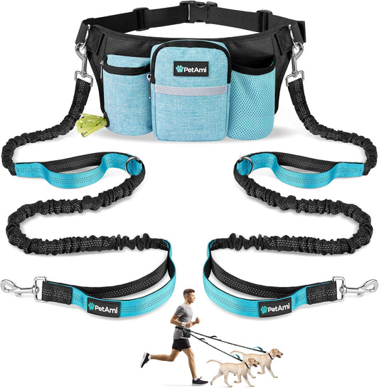 Premium Hands Free Dog Leash for 2 Dogs, Adjustable Waist Belt for Dog Walking, Fanny Pack Accessories Bag Dual Bungee for Running, Hiking, Jogging, Biking, Turquoise Blue