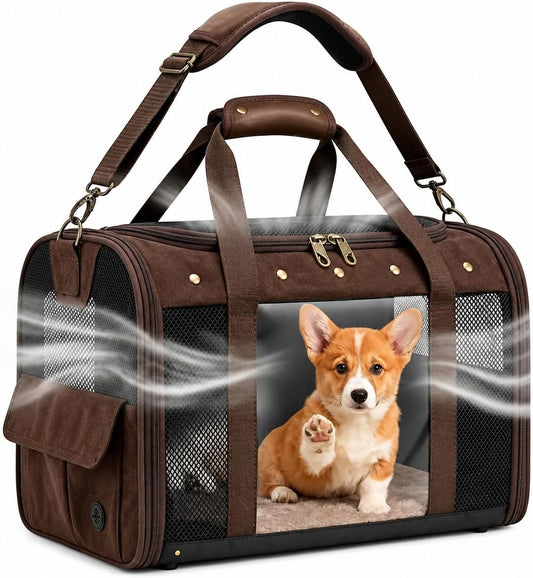 Pet Carrier for Small Medium Cats Dogs Puppies up to 20Lbs, Soft Sided Collapsible Cat Dog Carrier, Stable Durable Vintage Style Travel Bag for Shopping, Street Photos, Pet Cafe