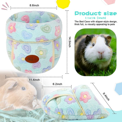 Guinea Pig Bed, Warm Fleece Cuddle Cave, Green Flower | Cozy Guinea Pig House, Portable Guinea Pig Hideout, Soft Coral Fleece, Washable Cushion, Slipper Shape