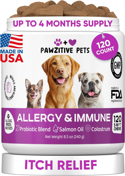 Dog Allergy Relief Chews for Itchy Skin - Seasonal and Food Allergy Chews for Shedding, Licking Paws, Hot Spot, Ears - USA Product - Omega 3 Fish Oil Skin & Coat Supplement - anti Itch Immune Treats