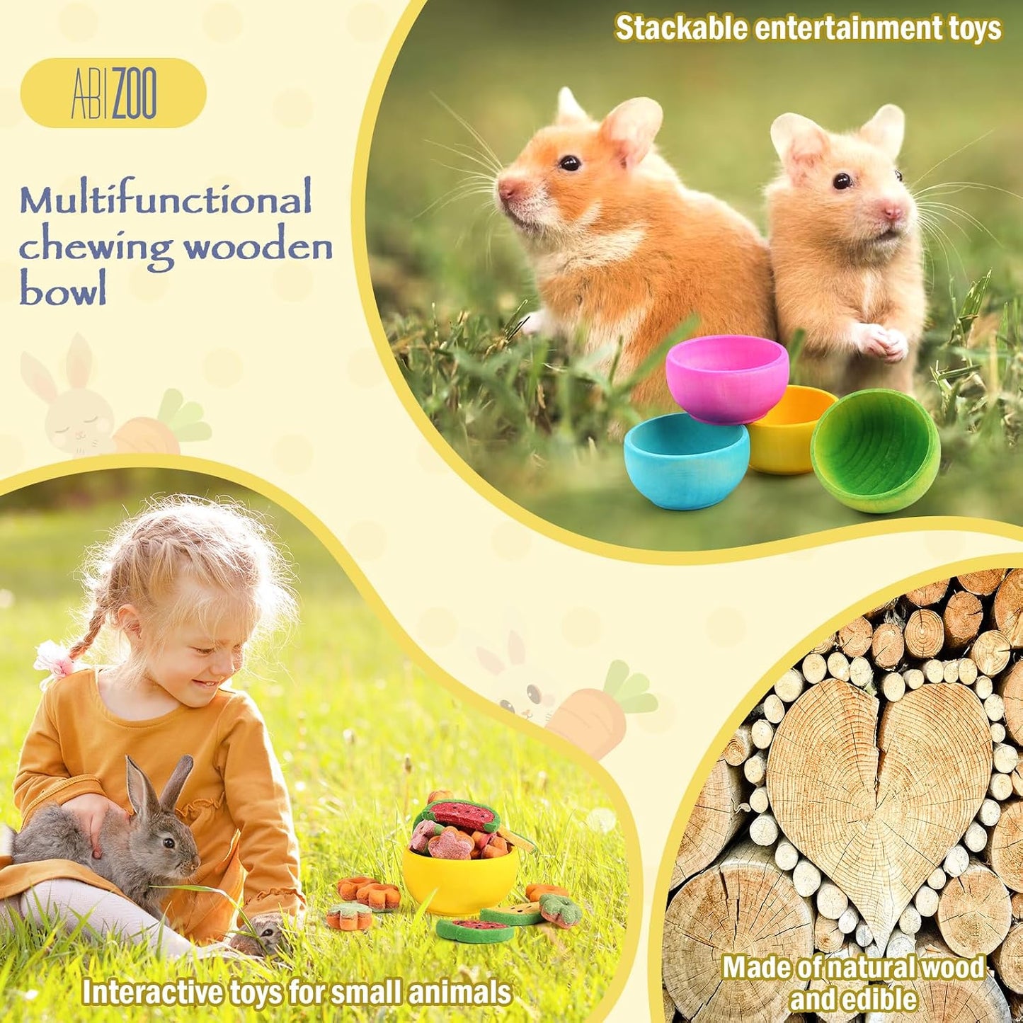 Hamster Chew Bowl,4 Pcs Dwarf Hamster Food Bowl Wood Edible Chew Toys for Rabbit Guinea Pig Chinchilla Degu Gerbil Squirrel Bunny Enrichment Toys Small Size Treats for Teeth