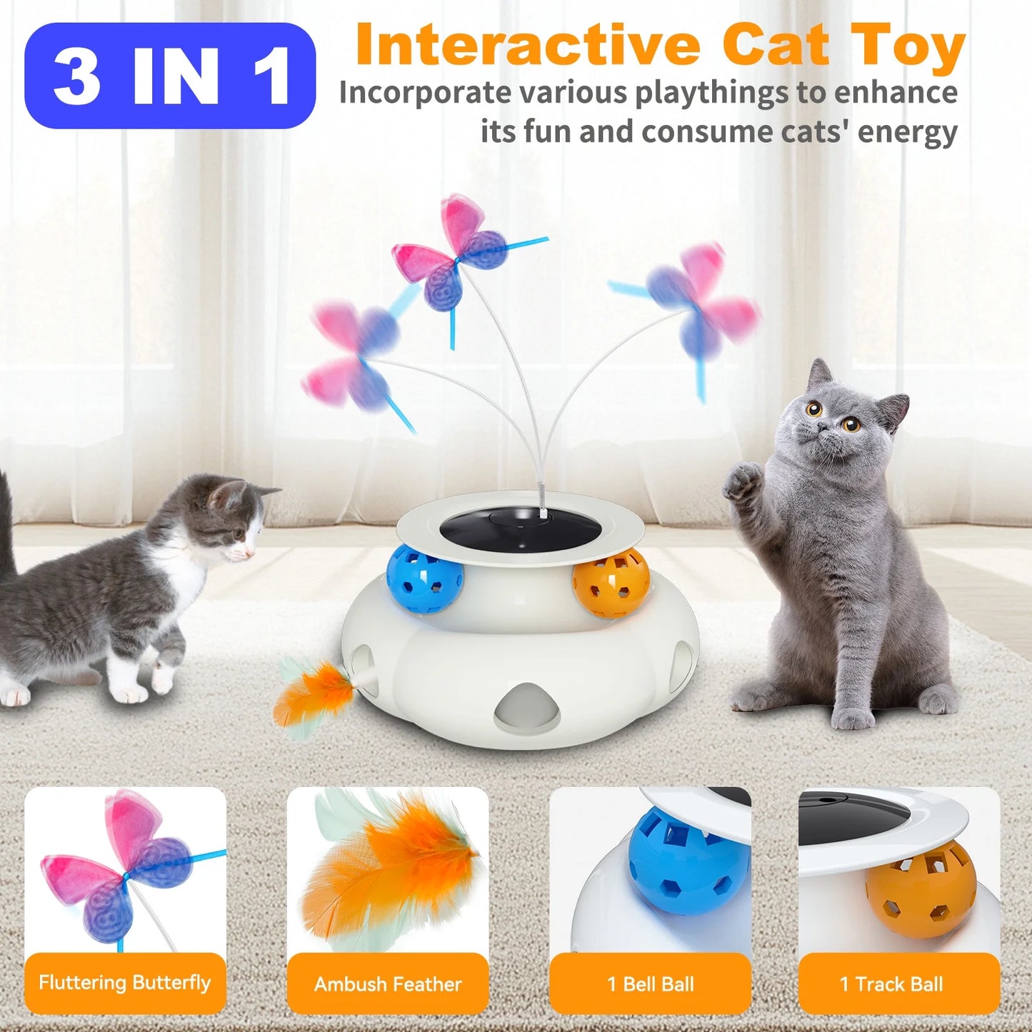 Electric Cat Toy, Interactive Cat Toys, Butterfly Rotation Balls Smart Cat Feather Wand USB Indoor Cat Toys