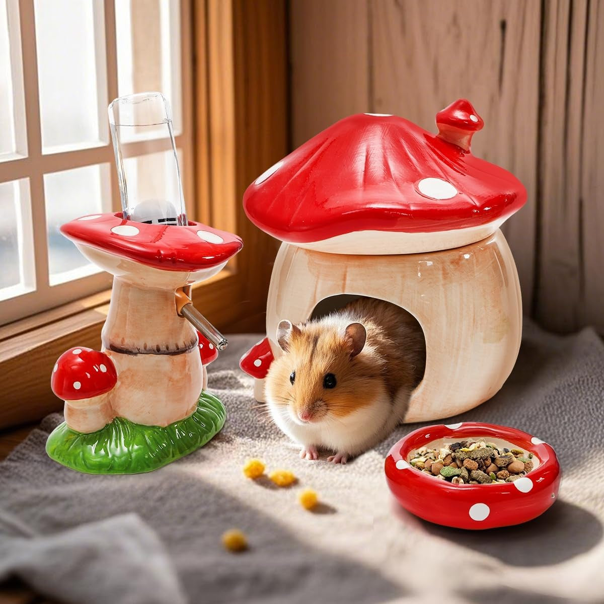 3 Pack Ceramic Hamster Hideout, Mushroom Shape Guinea Pig Food Bowl Cute Water Bottle with Stand, Cool Hamster Bed House Small Animal Cage Accessories for Dwarf Hamsters, Mice, Gerbils