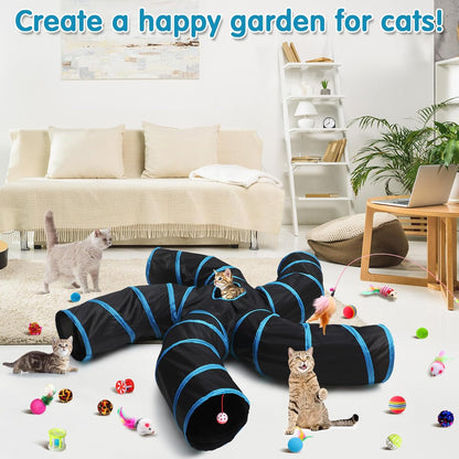 21 Pcs Cat Tunnel for Indoor Set Collapsible 5 Way Tubes with 20 Pcs Cat Kitten Toys Interactive Feather Toy Mouse Crinkle Balls Tube for Puppy Kitten Rabbit(Blue Black)