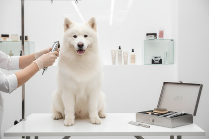 Fluffy dog being groomed calmly with an electric grooming kit in a clean studio setting